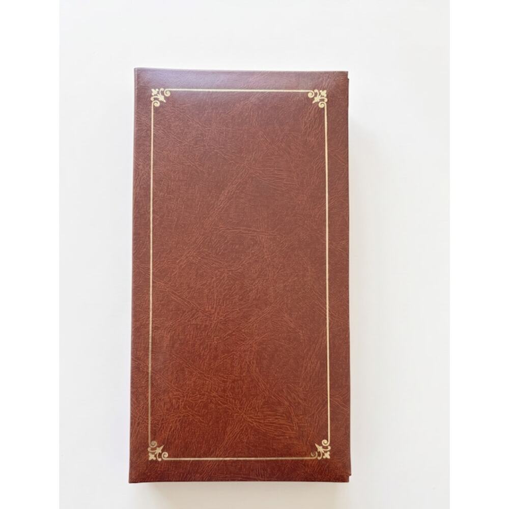Vintage Brown Faux Leather Photo Album,  Slip-In Picture Book, Gold Border